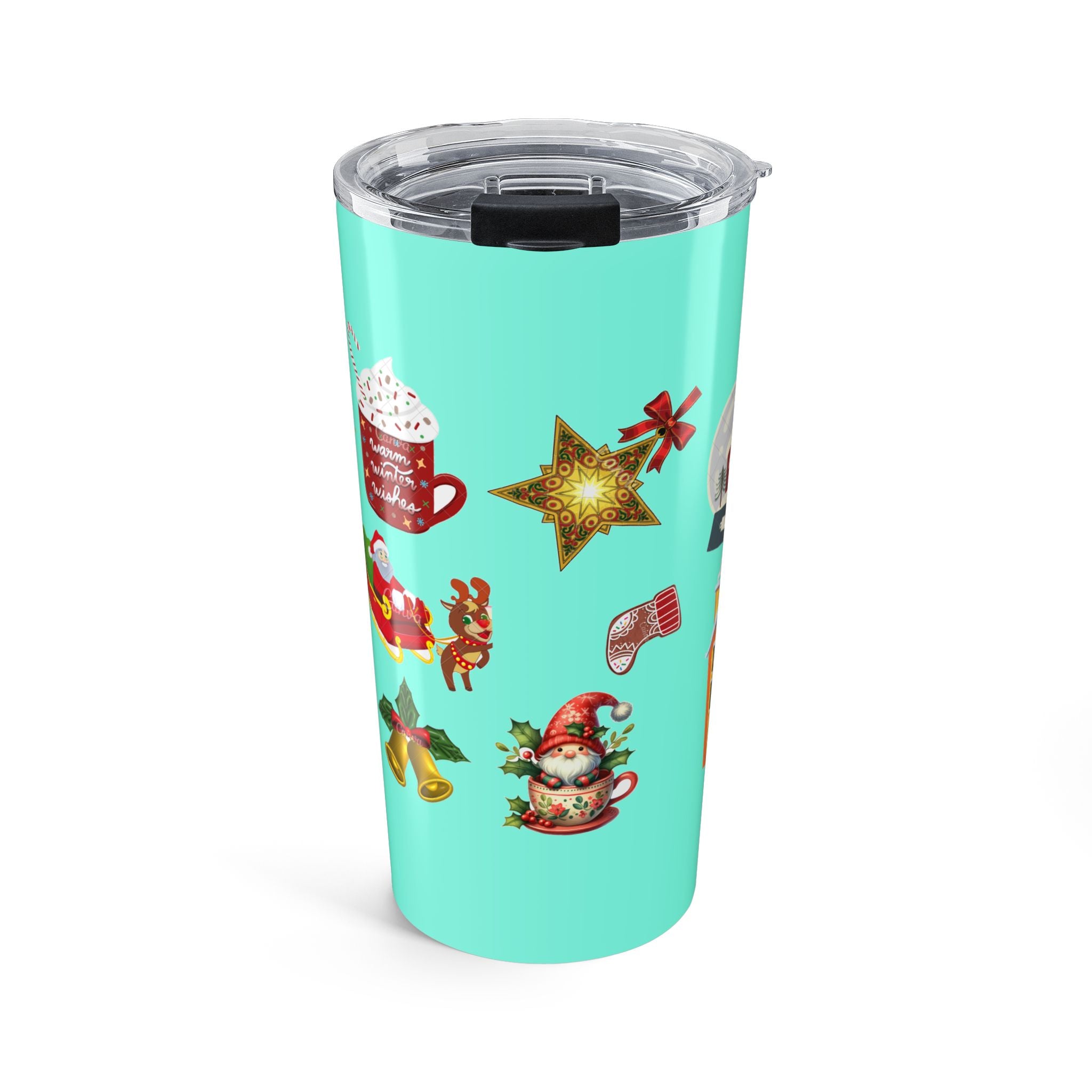 Christmas Pattern Tumbler 20oz – Festive Ornaments & Holiday Icons on Aqua