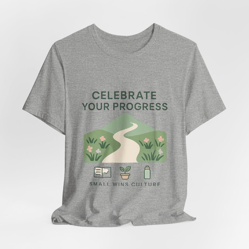 Celebrate Your Progress tee | motivational path graphic, plant icons, self-care reminder
