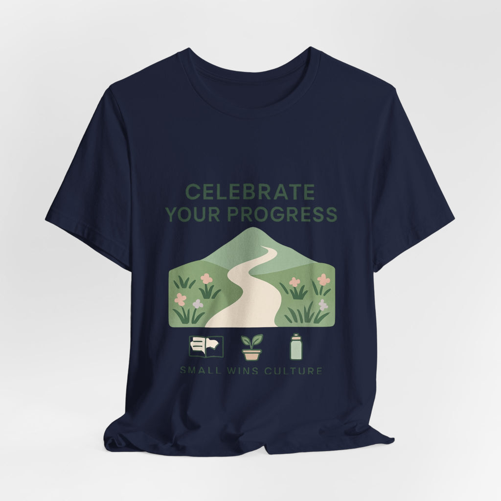 Celebrate Your Progress tee | motivational path graphic, plant icons, self-care reminder