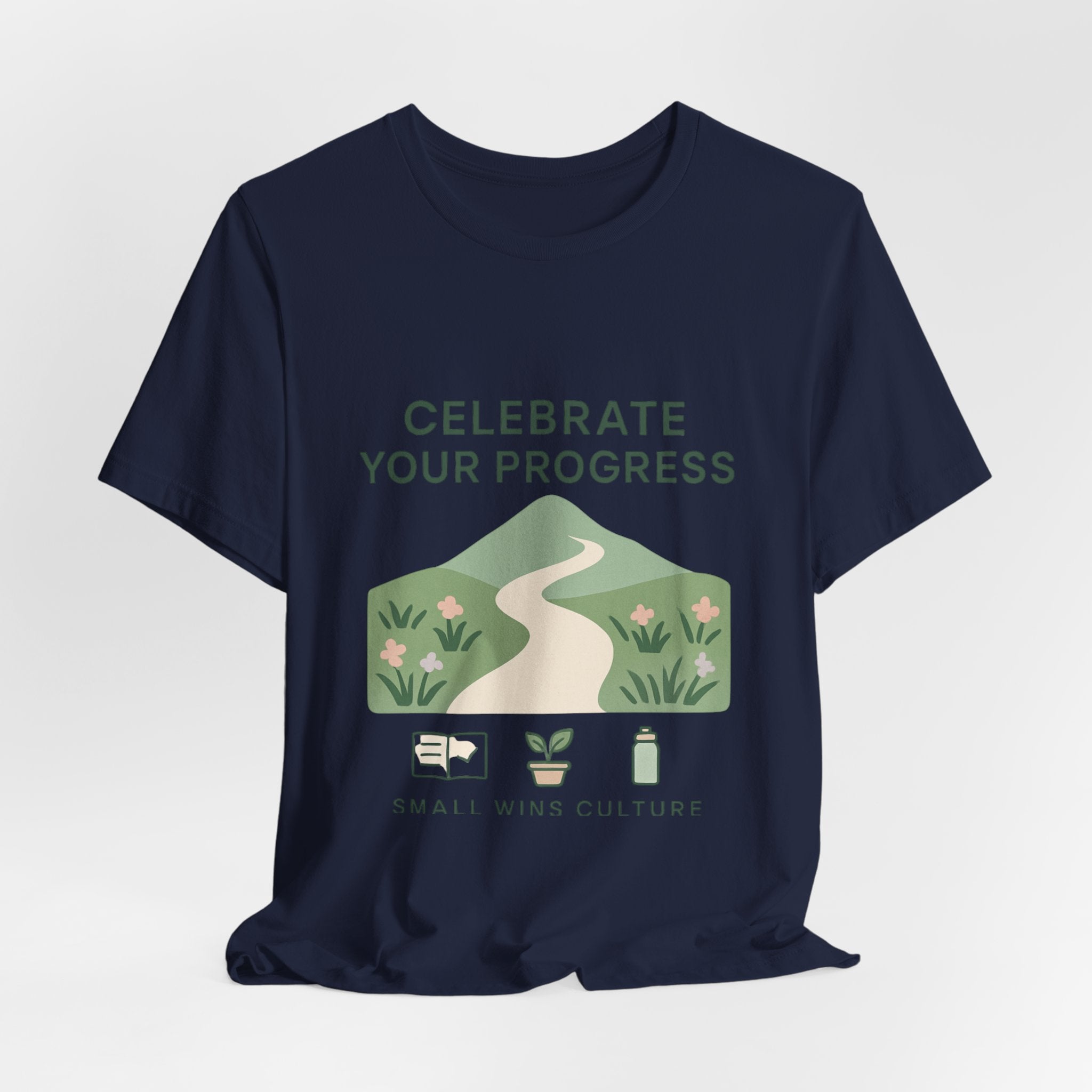 Celebrate Your Progress tee | motivational path graphic, plant icons, self-care reminder