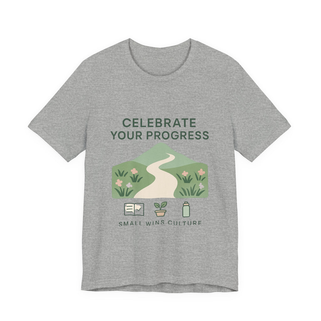 Celebrate Your Progress tee | motivational path graphic, plant icons, self-care reminder