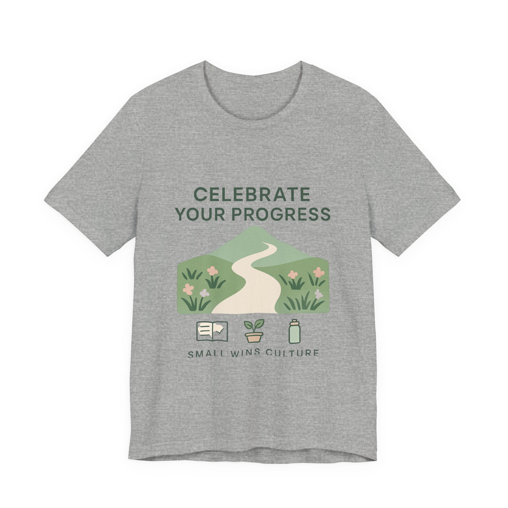 Celebrate Your Progress tee | motivational path graphic, plant icons, self-care reminder