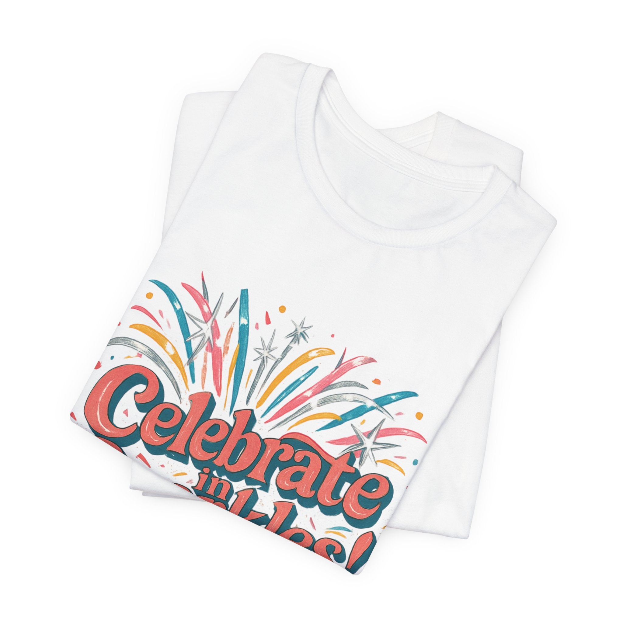 Celebrate Sparkles! Tee | Retro Fireworks Typography, Colorful Confetti Celebration