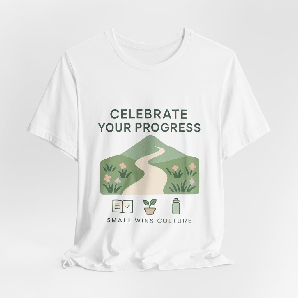 Celebrate Your Progress tee | motivational path graphic, plant icons, self-care reminder