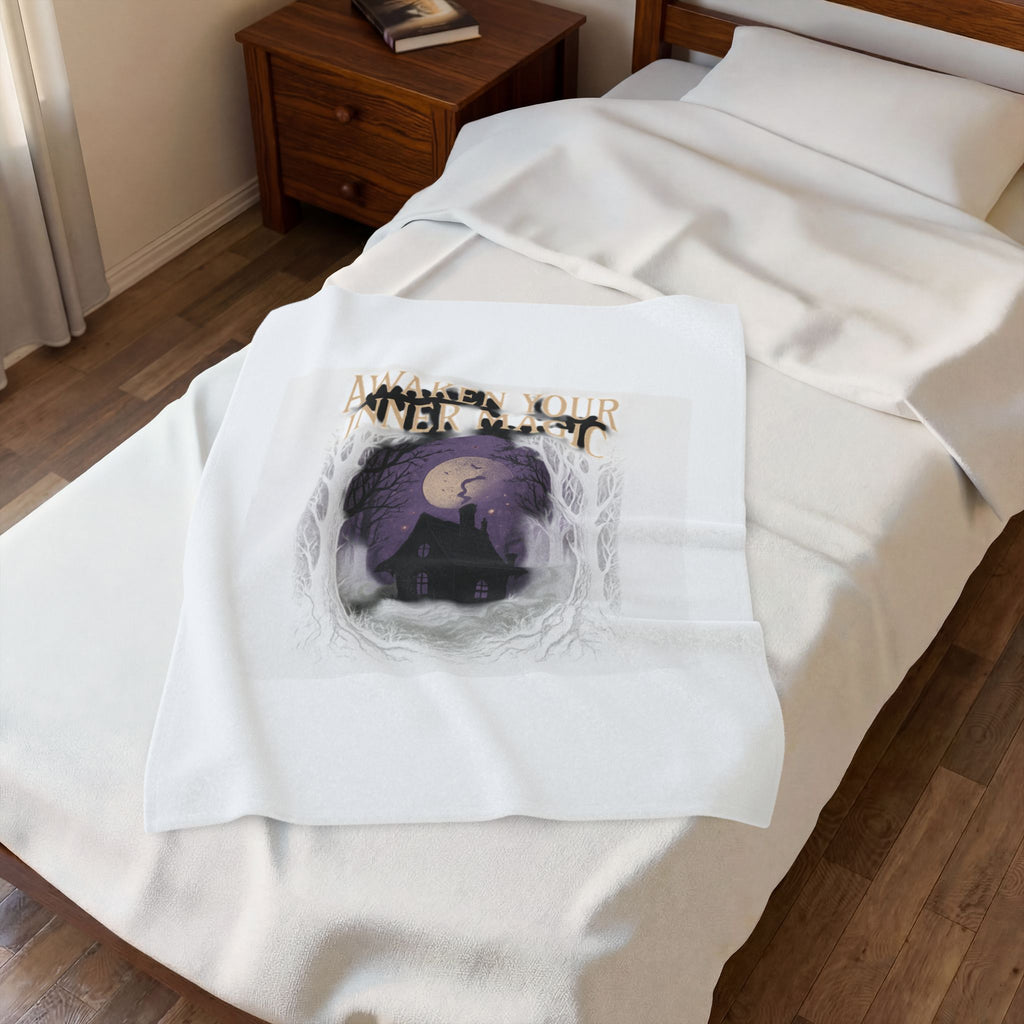 Awaken Your Inner Magic Velveteen Plush Blanket | Witchy Cottage Moon Scene