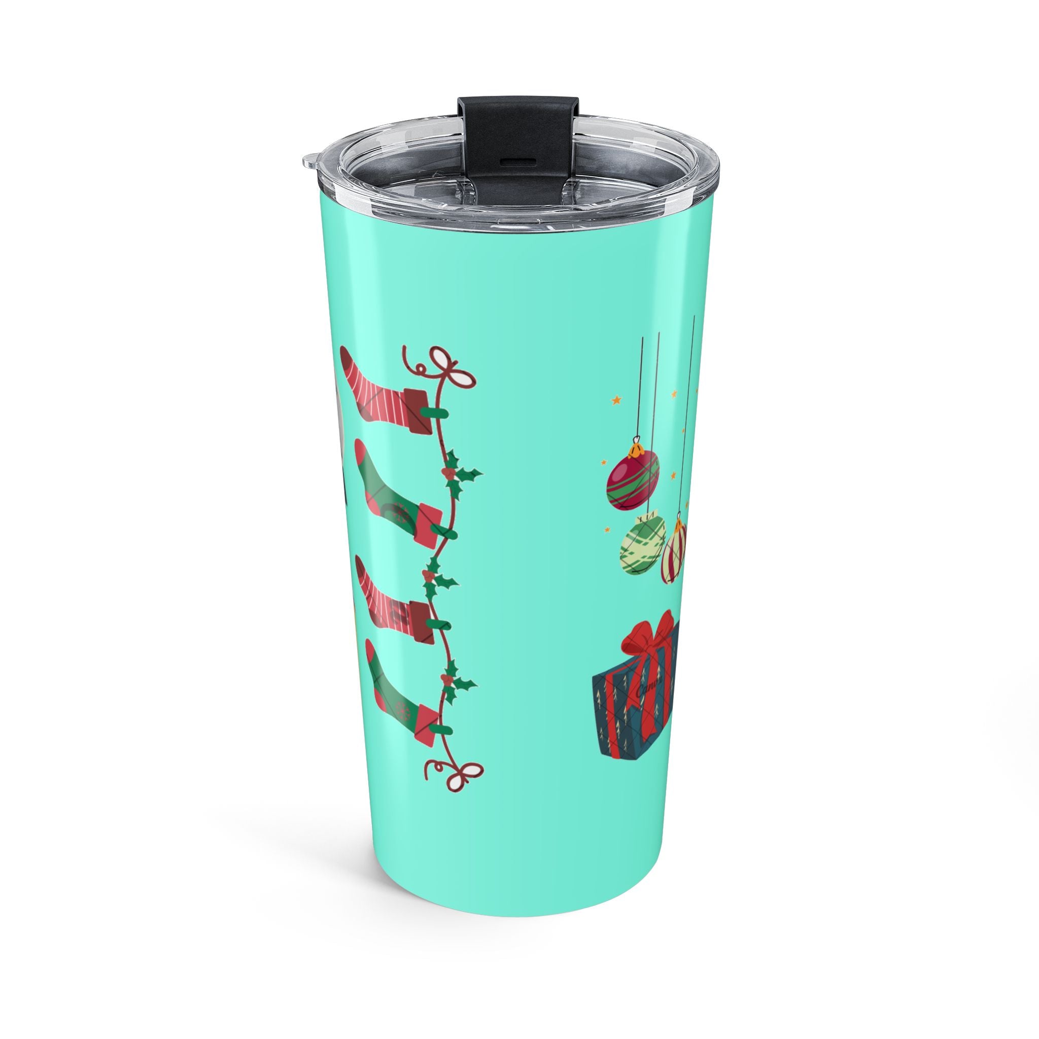 Christmas Pattern Tumbler 20oz – Festive Ornaments & Holiday Icons on Aqua