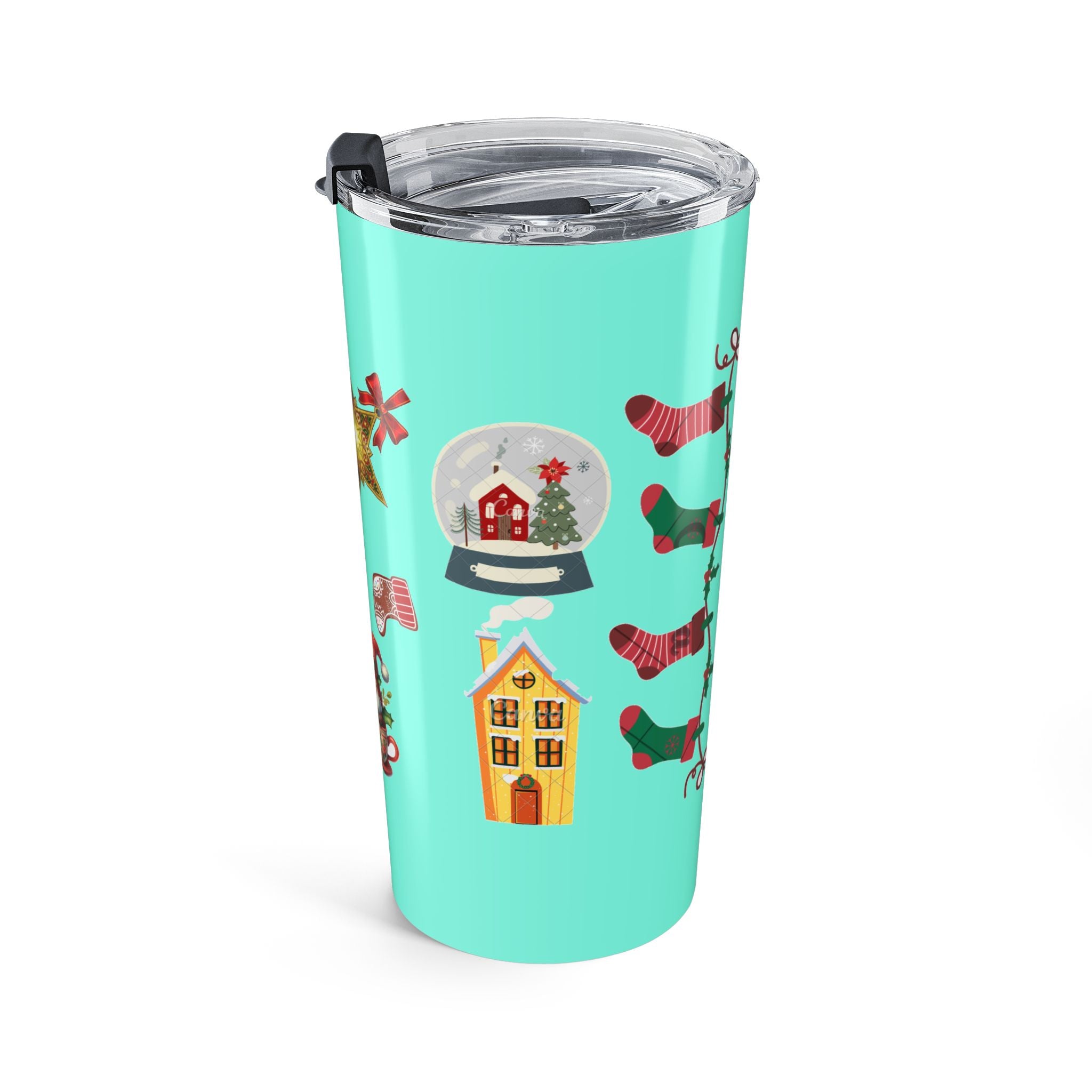 Christmas Pattern Tumbler 20oz – Festive Ornaments & Holiday Icons on Aqua