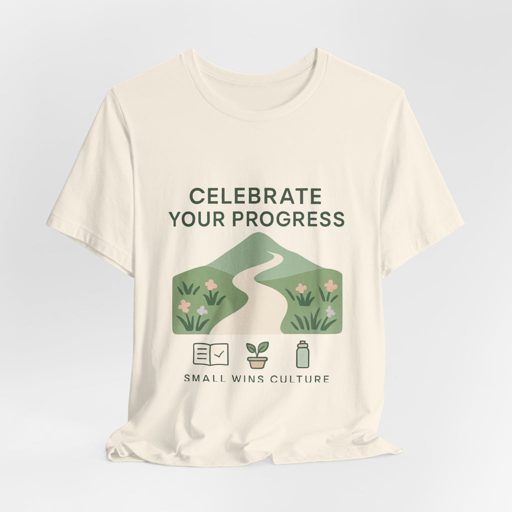 Celebrate Your Progress tee | motivational path graphic, plant icons, self-care reminder