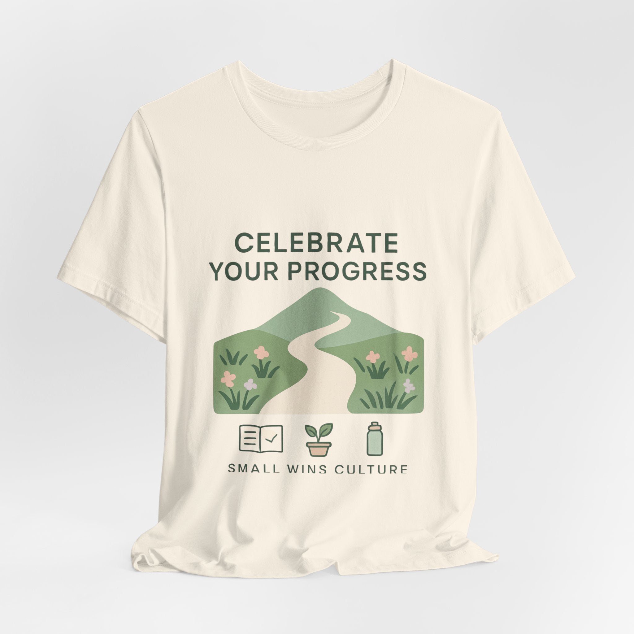 Celebrate Your Progress tee | motivational path graphic, plant icons, self-care reminder