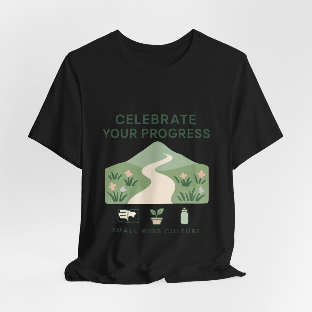 Celebrate Your Progress tee | motivational path graphic, plant icons, self-care reminder