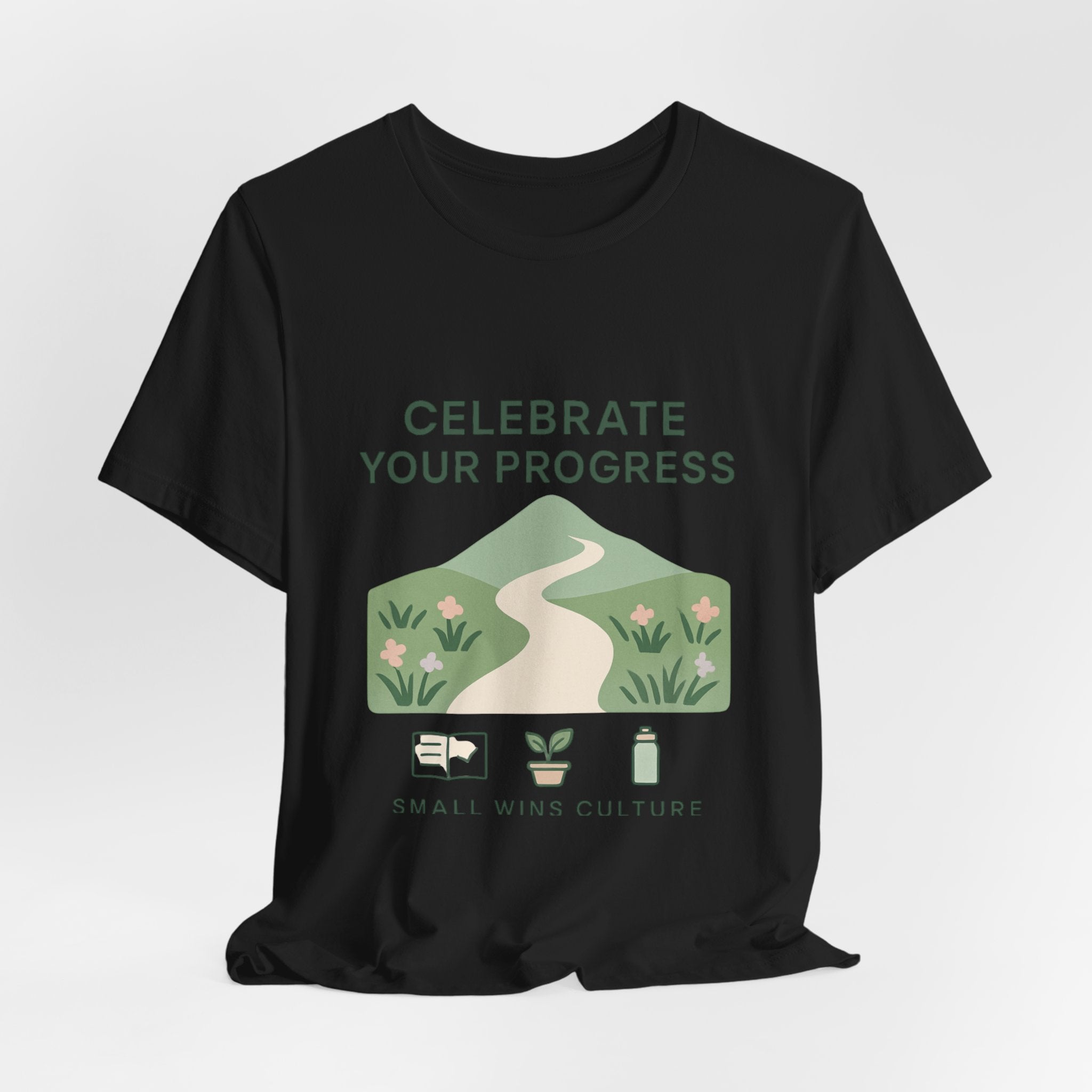 Celebrate Your Progress tee | motivational path graphic, plant icons, self-care reminder