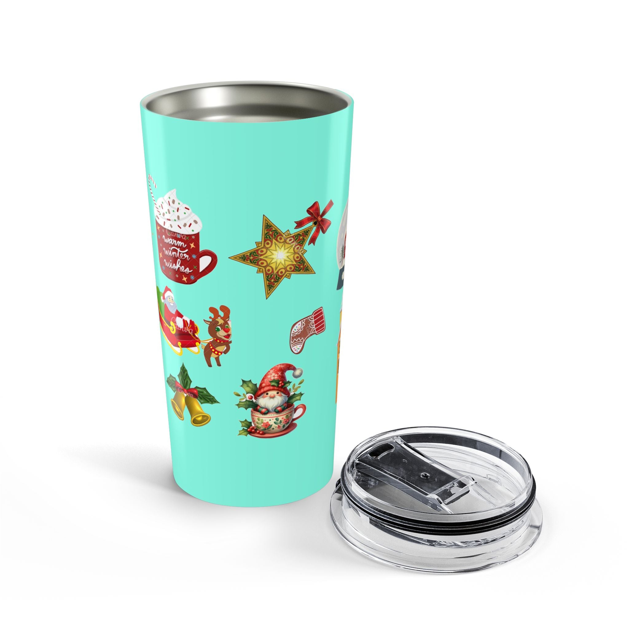 Christmas Pattern Tumbler 20oz – Festive Ornaments & Holiday Icons on Aqua