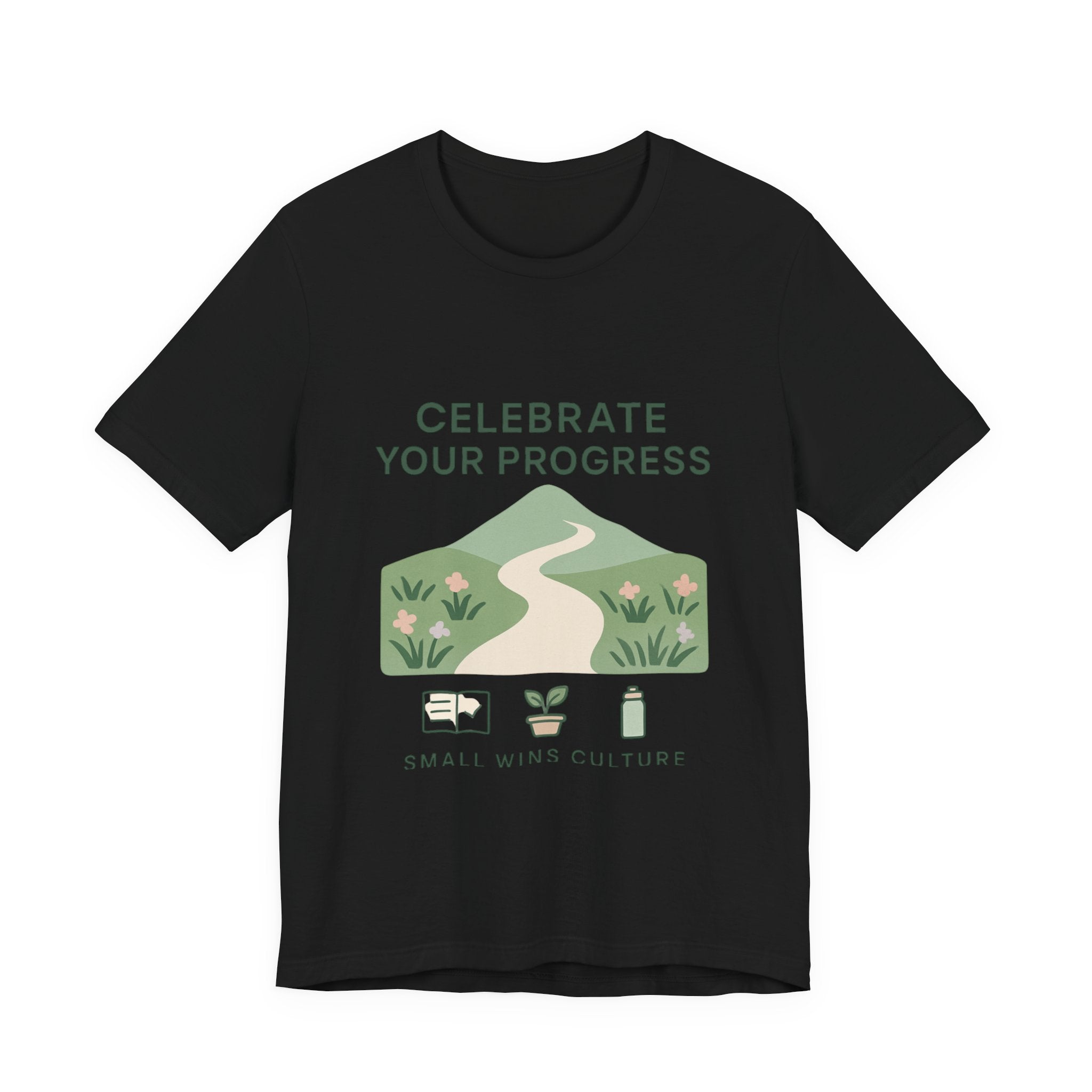 Celebrate Your Progress tee | motivational path graphic, plant icons, self-care reminder