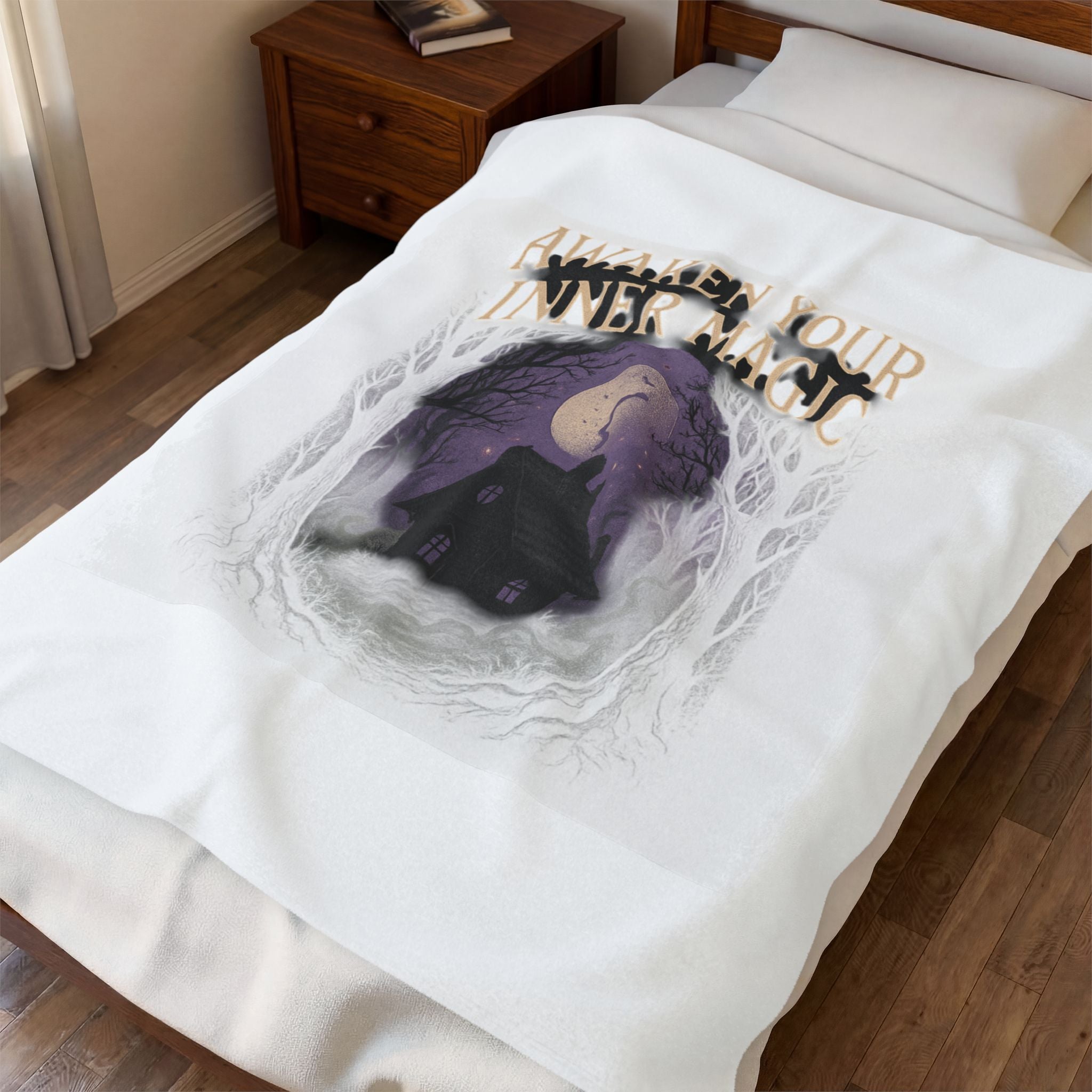 Awaken Your Inner Magic Velveteen Plush Blanket | Witchy Cottage Moon Scene