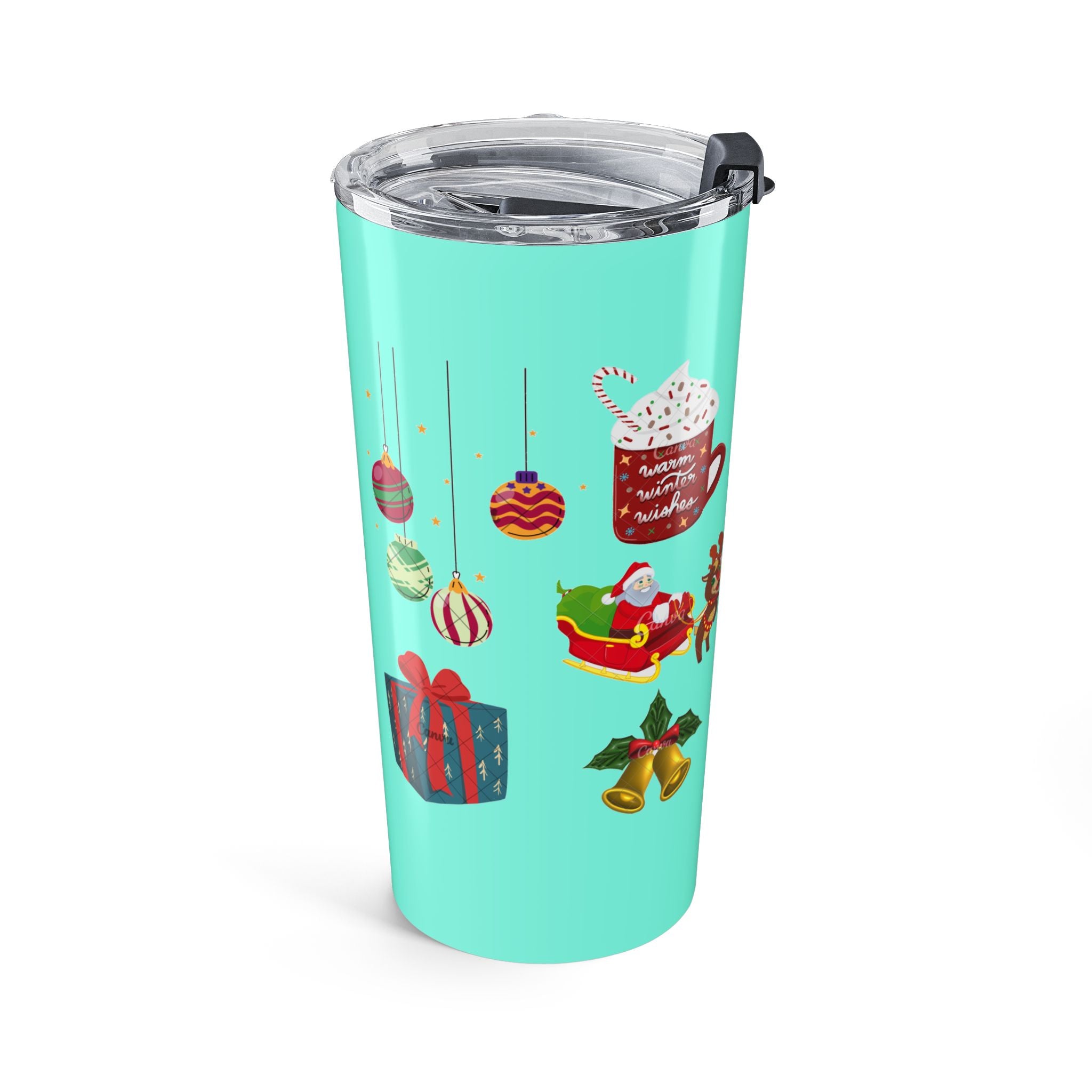 Christmas Pattern Tumbler 20oz – Festive Ornaments & Holiday Icons on Aqua