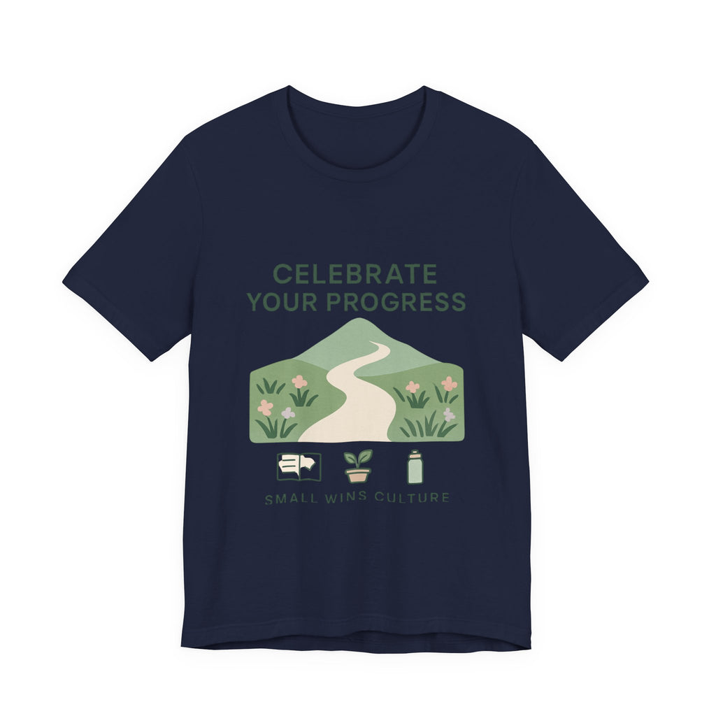 Celebrate Your Progress tee | motivational path graphic, plant icons, self-care reminder