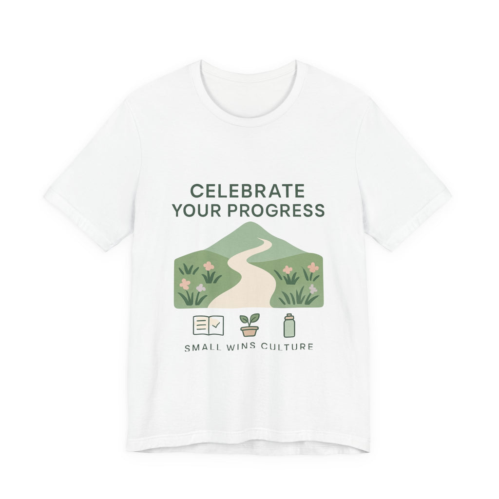 Celebrate Your Progress tee | motivational path graphic, plant icons, self-care reminder