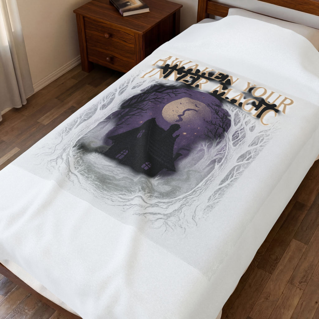 Awaken Your Inner Magic Velveteen Plush Blanket | Witchy Cottage Moon Scene