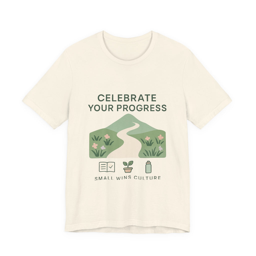 Celebrate Your Progress tee | motivational path graphic, plant icons, self-care reminder