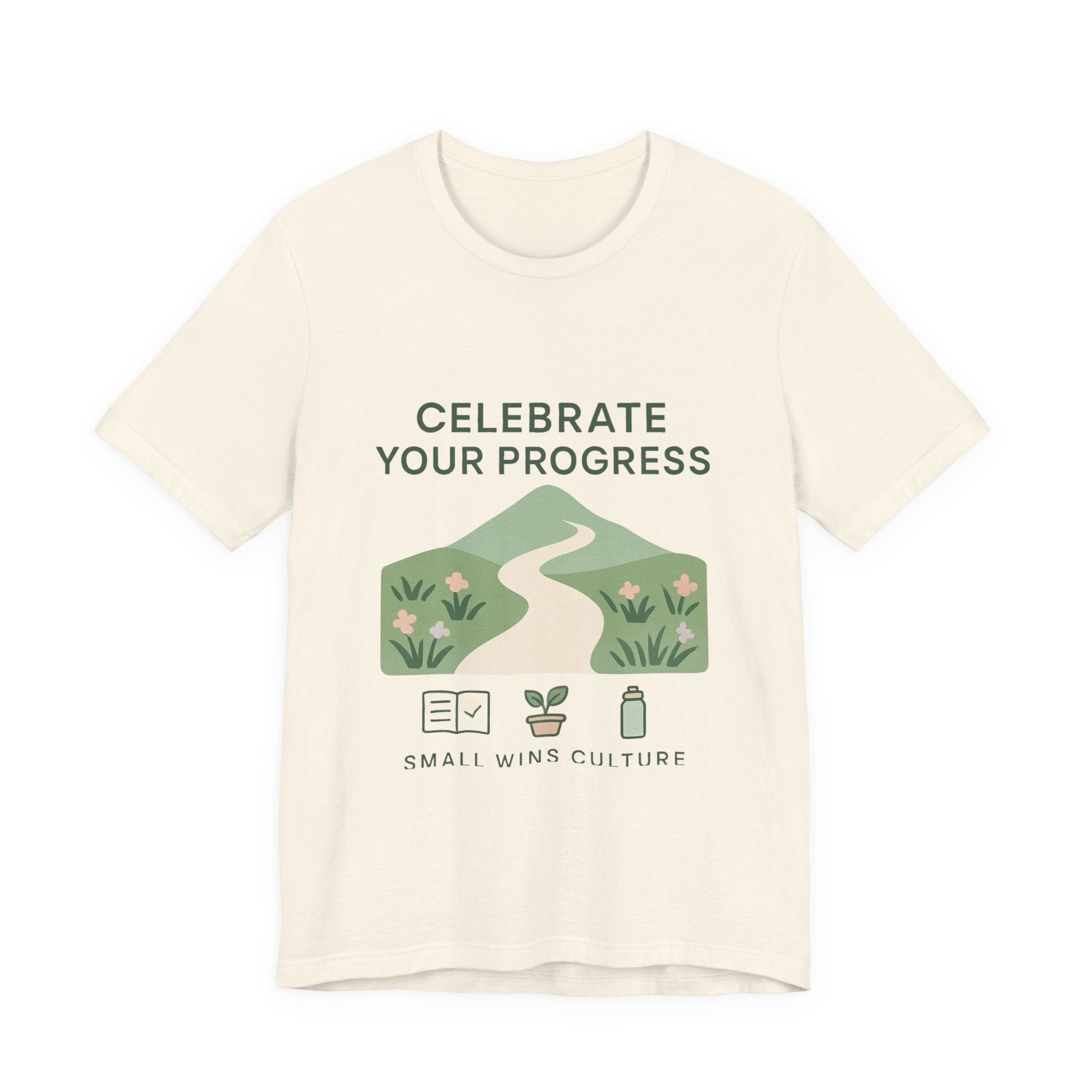 Celebrate Your Progress tee | motivational path graphic, plant icons, self-care reminder